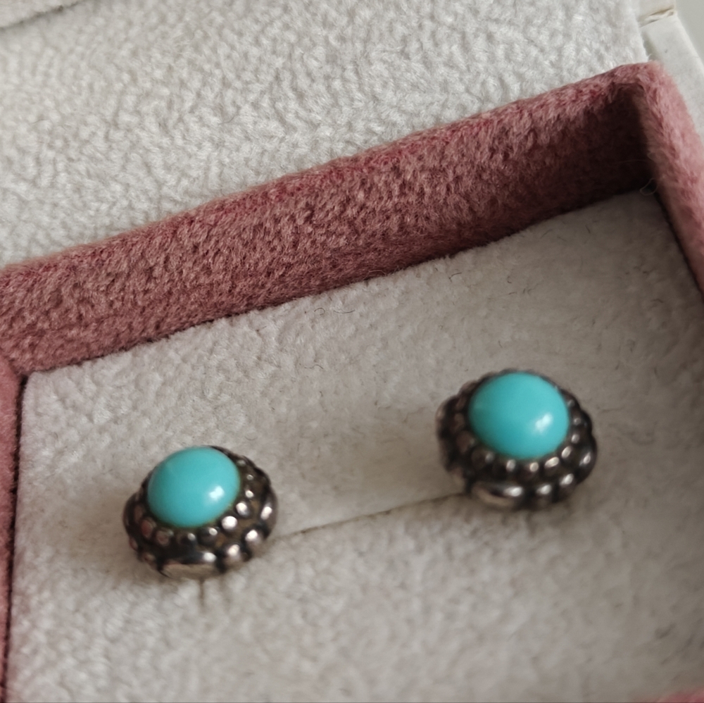 Signed Pandora Turquoise Stud Silver Earrings